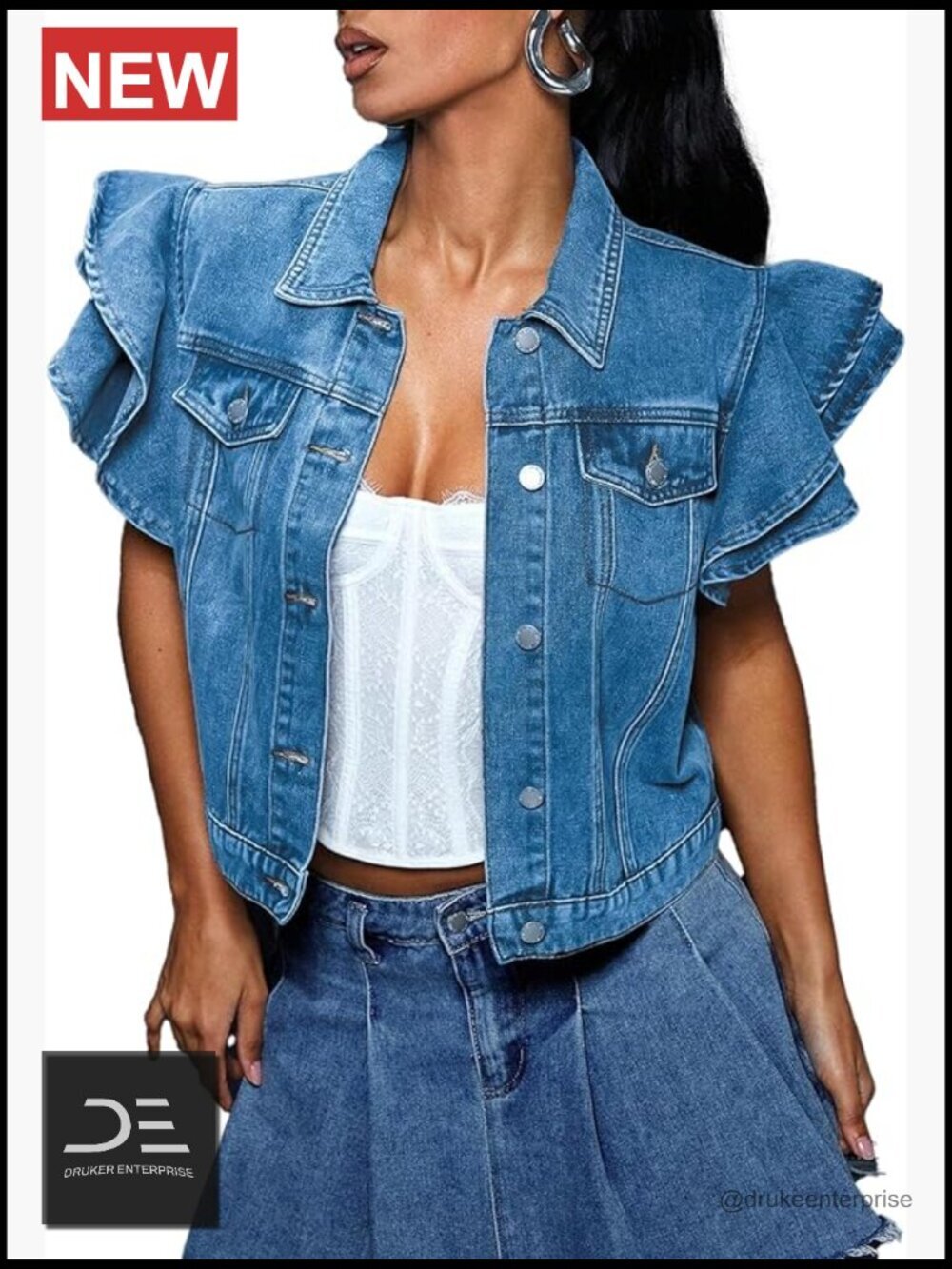Cropped Denim Jacket with Ruffle Sleeves Button Down Casual
